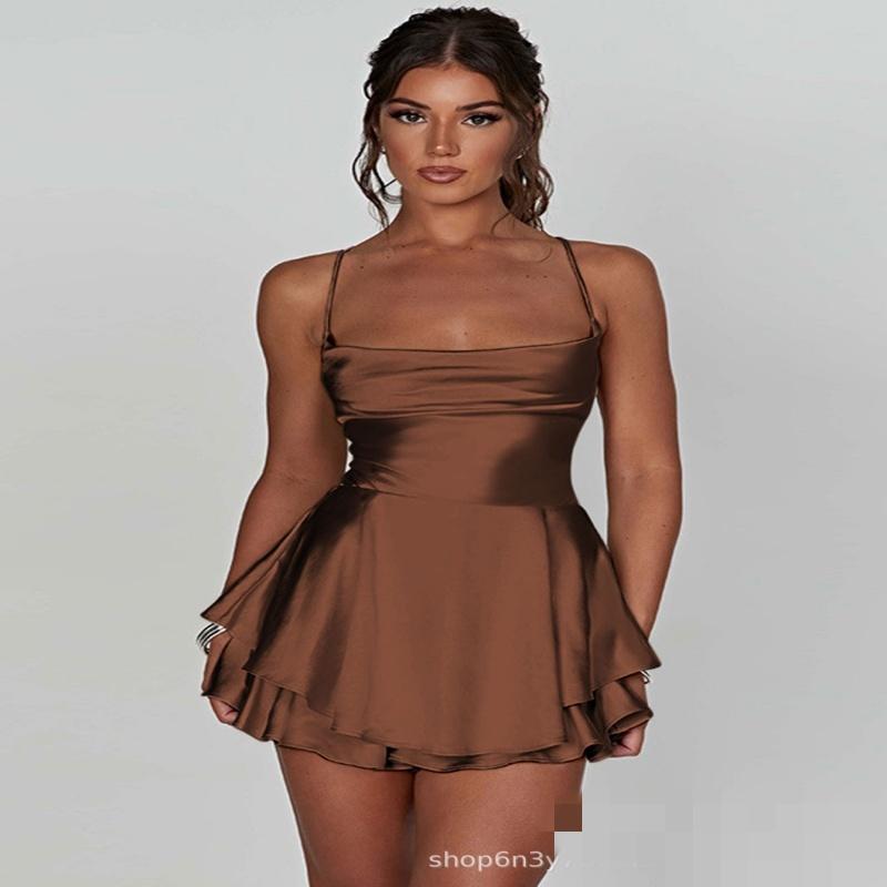 Satin Seide Damen Sexy Cami Playsuits Kleid Solide Wasserfallausschnitt Ärmellos Kurze Jumpsuits Sommer Kreuz Binden Rückenfrei Strampler