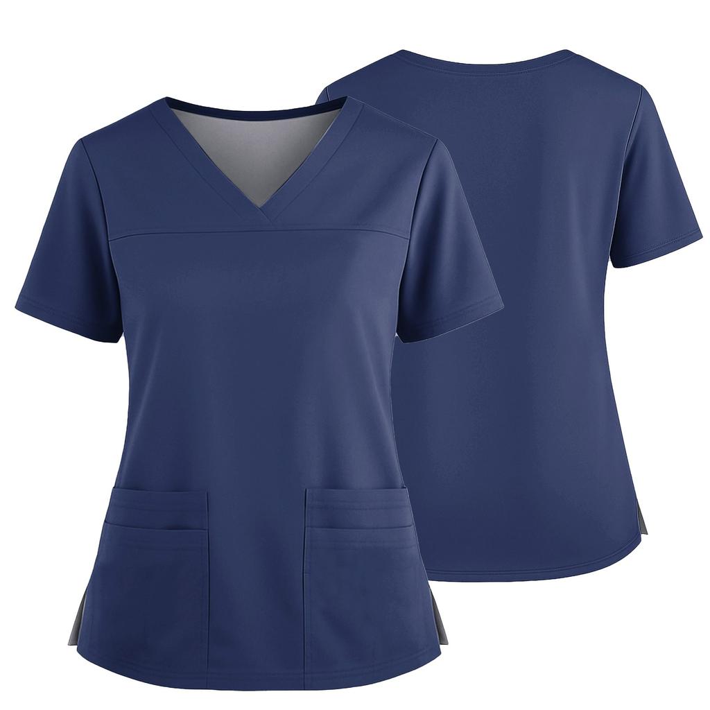 Women's Uniform Color V-Neck Pocket Side Slit Uniform Short Sleeved Top Top