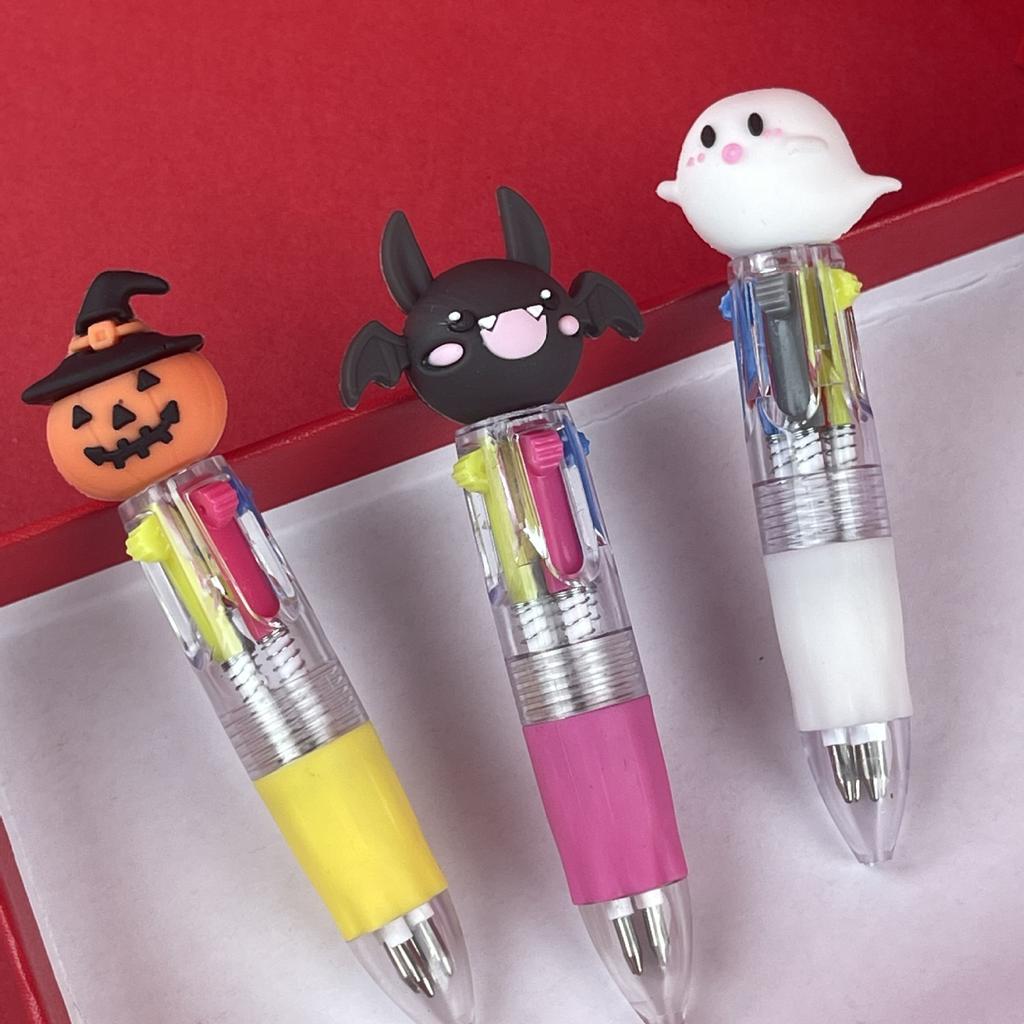 12pcs Cute Cartoon Retractable Ballpoint Pens for Halloween, 4-in-1 Color Ballpoint Pens, Pumpkin Bat Ghost Shaped, Suitable
