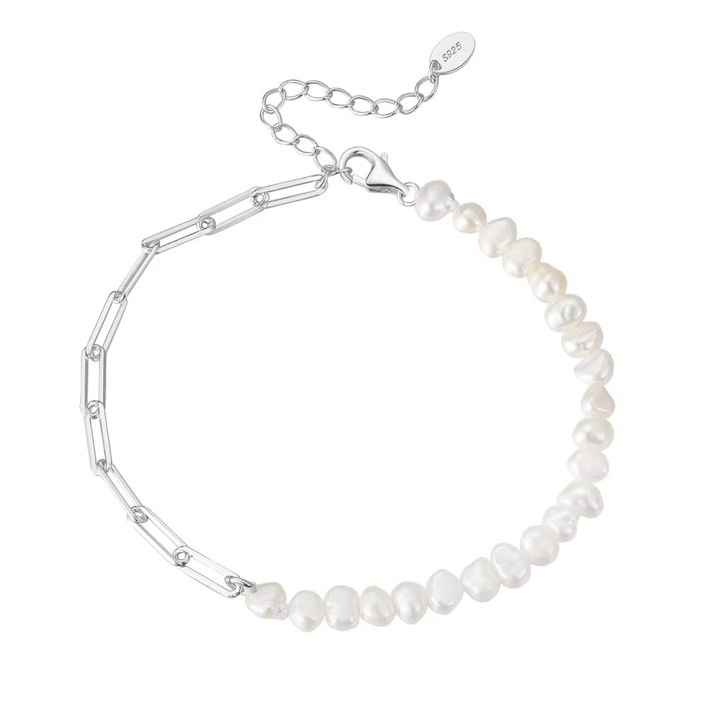 ORSA JEWELS 925 Silver Vintage Chunky Paper Clip Link Chain Bracelet with Pearl for Women Girls Fashion Jewelry GPB01
