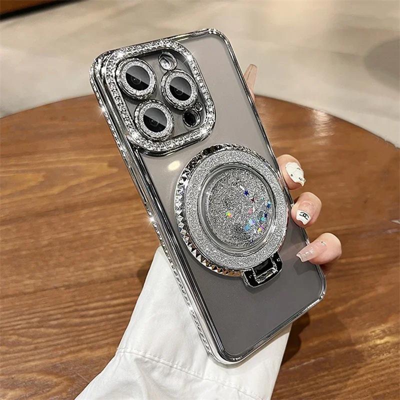 

Роскошный блестящий чехол Quicksand Bracket Magsafe для iPhone 11 12 13 14 15 16 Pro Max 16 Plus Прозрачный силиконовый чехол с покрытием iPhone 15 Pro Max серебряный