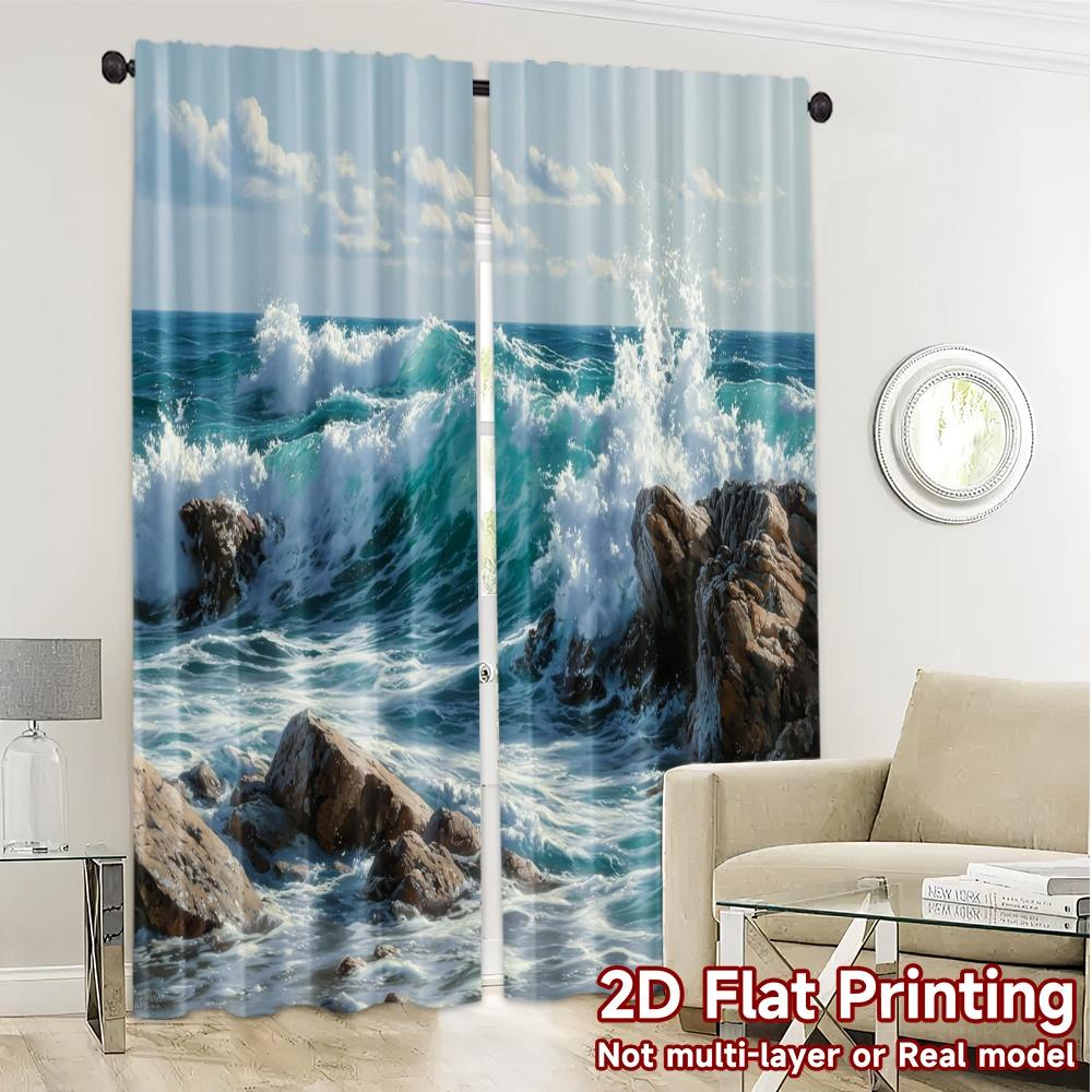 2pcs, 2D FLAT PRINTING Curtains (Without Rod) Ocean Clash Chic Curtains Prints Light Filtering Curtains Room Decor Perfect for