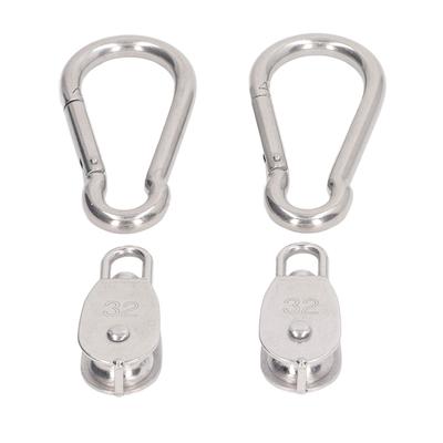 2Pcs M32 Single Pulley Block with 2 M12 Spring Snap Hook Stainless Steel Wire Rope Hanging Towing Wheel Pulley