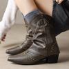Retro European and American women's short boots autumn and winter design sense rivet pipe boots small pointed western cowboy knight boots