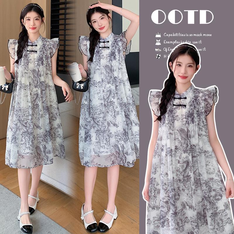 Summer Chinese Ink Painting Floral Maternity Dress with Flutter Sleeves XL