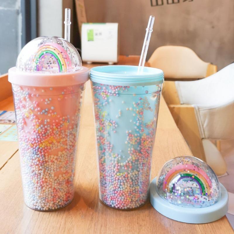 Cartoon Adorable Rainbow Cup with Straw Double Plastic BPA Free Woman Girl Water Bottle for Juice Milk Coffee 500ml Drinking Tumbler