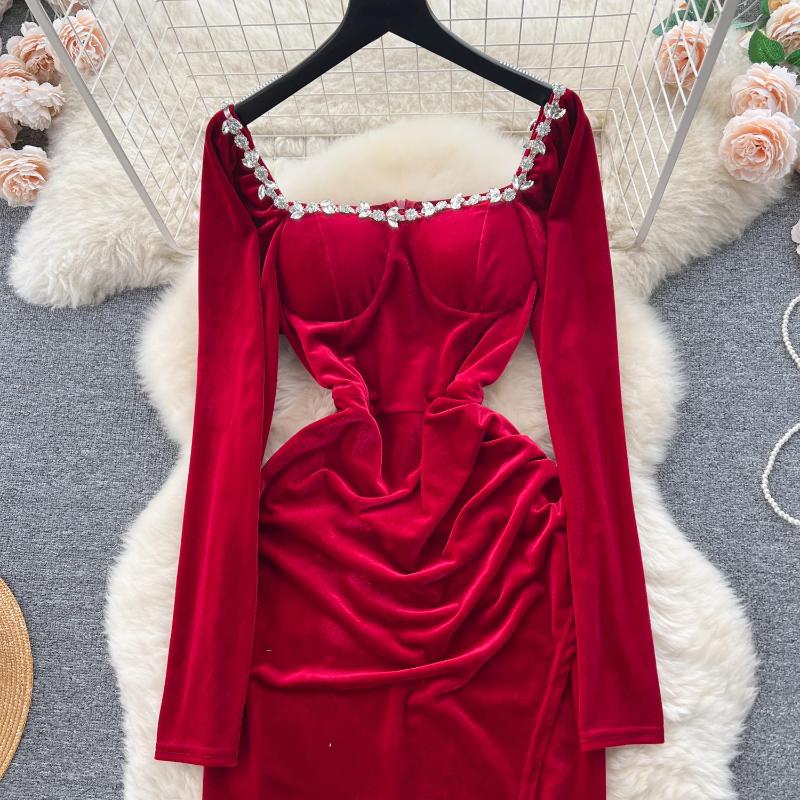 Elegant Square Neck Velvet Split Dress Women Solid Long Sleeve Chic Vintage Clothes Female Korean Fashion Ceremonial Midi Dresses 2024