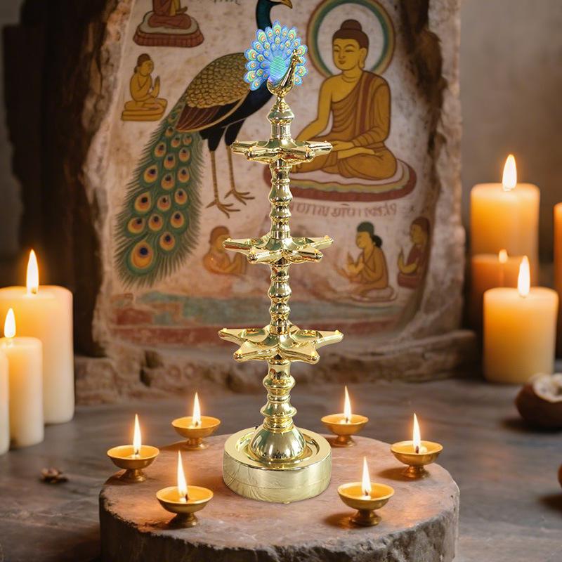 Peacock Rotating Candle Holder with LED Eternal Lamp for Buddhist Altar Decor. Standard Size