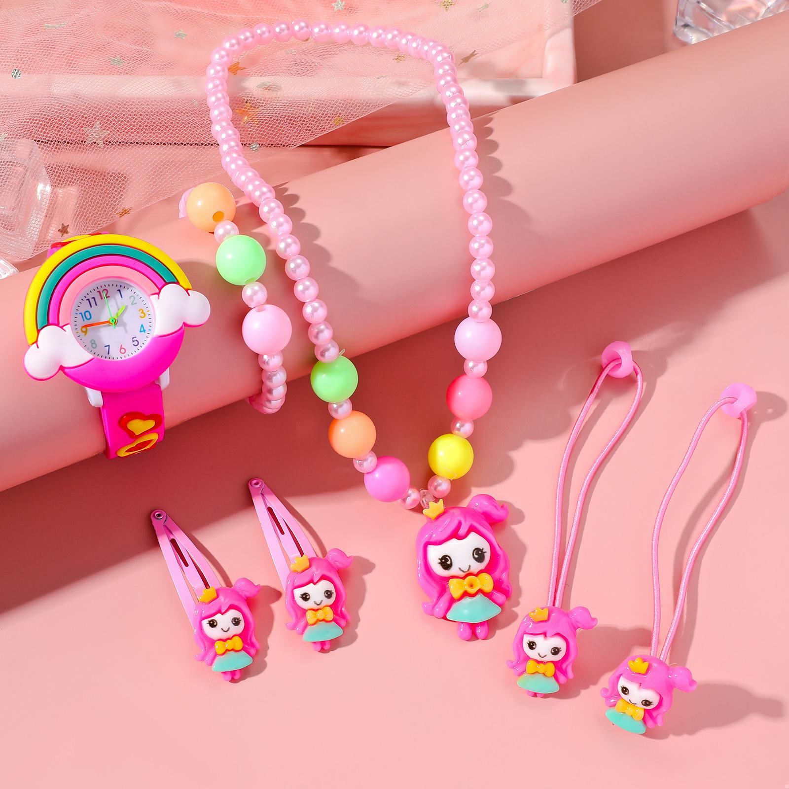 

милые детские забавные креативные конфетных цветов маленькая принцесса радуга модный тренд женские кварцевые часы ювелирные изделия набор из семи предметов ярко-розовый
