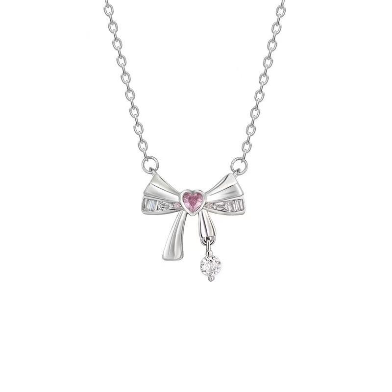 Love Bow Necklace Women'S Light Luxury Sweet Wind Heart-Shaped Zircon Pendant Collarbone Chain