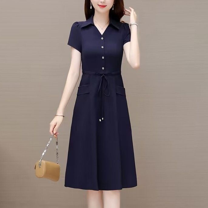 Women's Summer Navy Shirt Collar Drawstring Waist Pocket Midi Dress