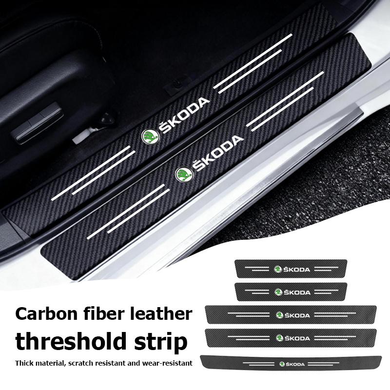 AAAJE1 Car Carbon Fiber Door Sill Anti-Scratch Guard Sticker Accessories For Skoda Kamiq MK3 Roomster Rapid Kodiaq Karoq Fabia Enyaq