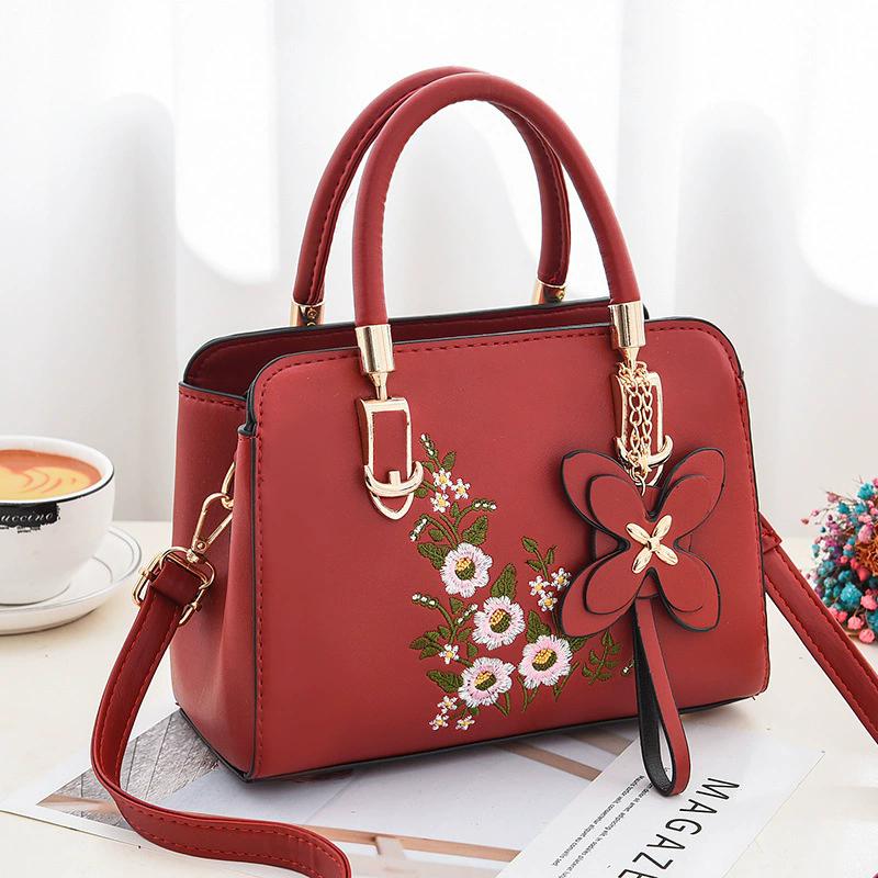 Women's Floral Embroidered PU Leather Handbag, Structured Top Handle Satchel with Flower Charm, Adjustable Strap Crossbody Shoulder Bag