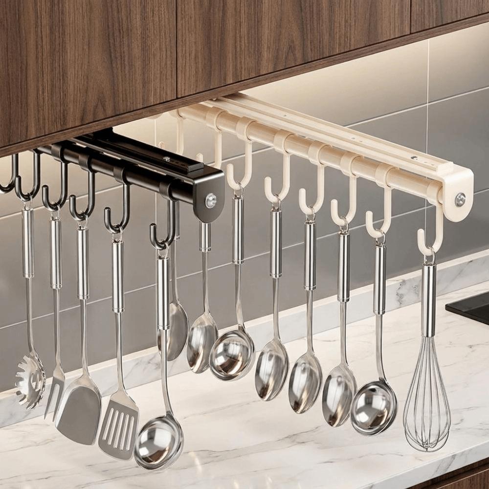 Wall Mounted Pull Out Utensil Hanging Rack Multi Hooks Sliding Rail Hooks Spatula Spoon