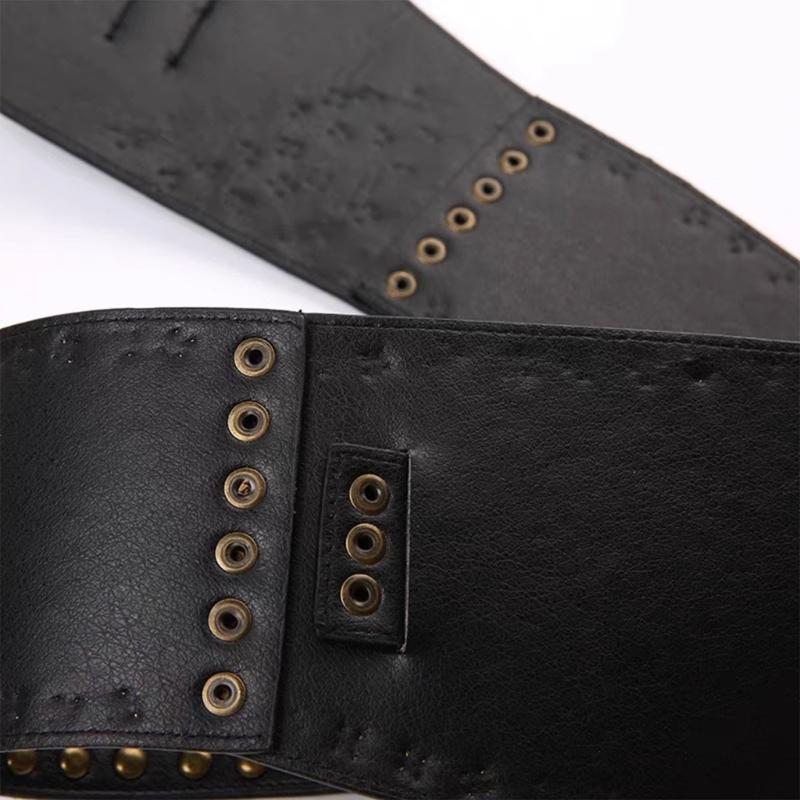 PU Leather Female Waist Belt with Irregular Buckle Rivets Decors PU Waist Belt Hollowed out Waistband for Coat Shirt