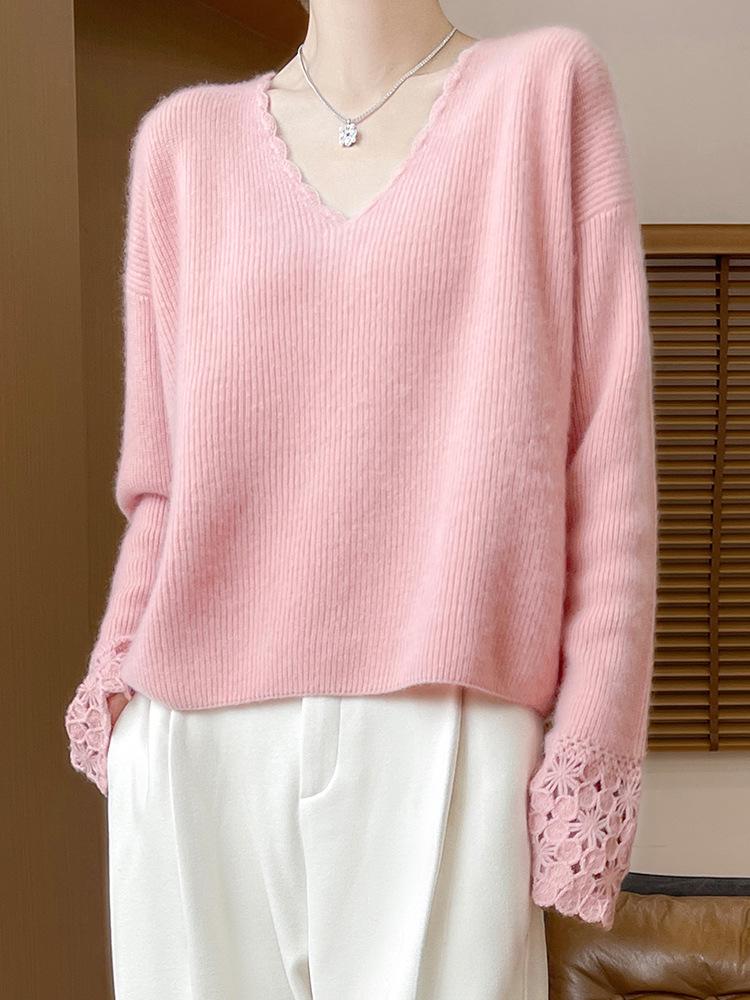 Women's 100% Pure Wool V-Neck Lace Long Sleeve Loose Sweater - Autumn/Winter 2025 Collection