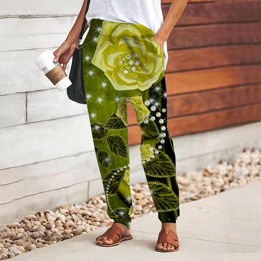 Dámské kalhoty s květinovým potiskem na šněrování s elastickým pasem volné kalhoty ležérní dlouhé kalhoty kalhoty s kapsami