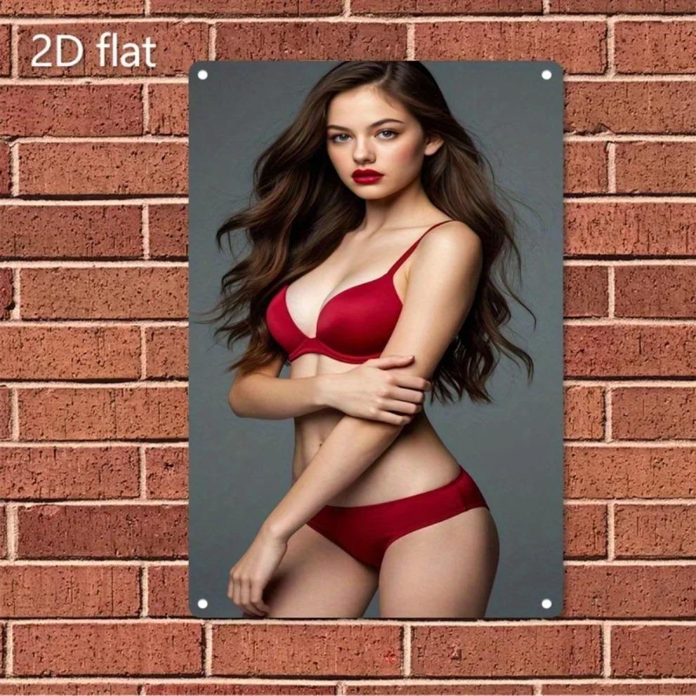 Metal Wall Art Decor, Red Lingerie Woman Sign, Durable Iron Wall Hanging for Bedroom Bar Cafe, Easy Mount Modern 2D Flat Christm