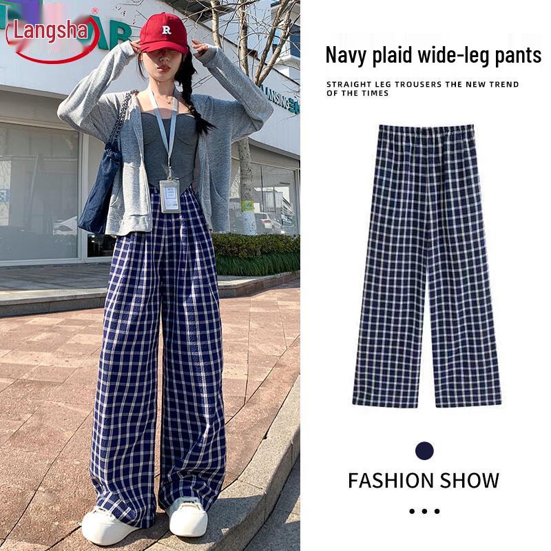 

Langsha Women s Retro Plaid High-Waist Straight-Leg Pants XL