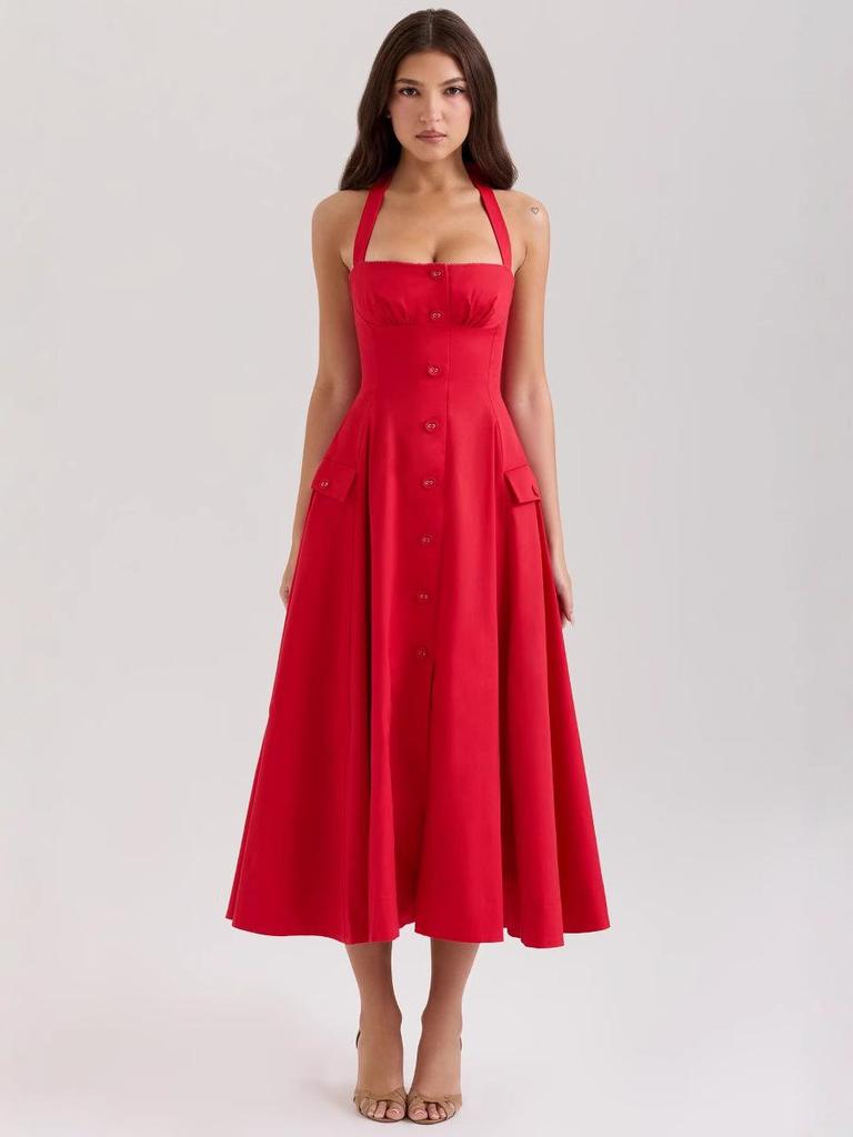 Elegant Retro Red Tie Halter Mid-Length Dress