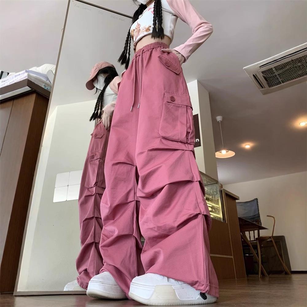Girls' Chinese Style Pleated Cargo Pants - Spring/Autumn American Street Dance, Outdoor Sports, Plus Size, Straight Leg.