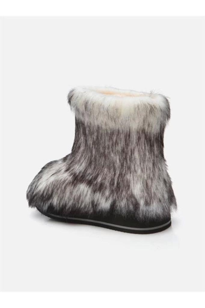 Moderne, stilvolle Damen-Modestiefel, Apreski-Stiefel, weiße Kunstpelzstiefel