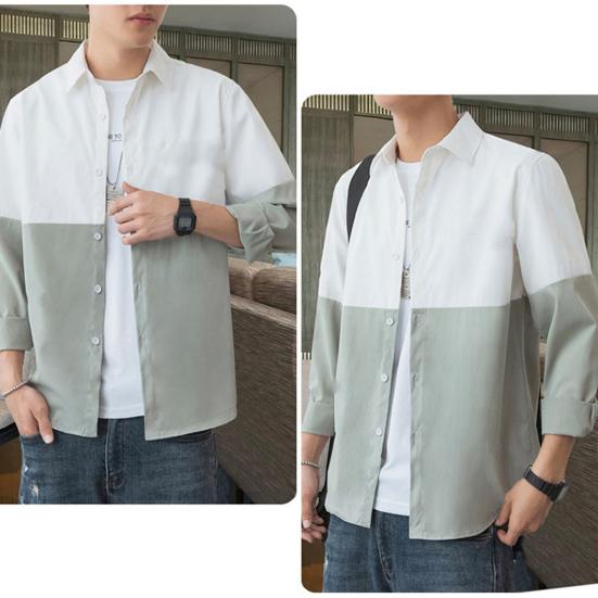 Spring Fall Men Shirt Turn-down Collar Printed Colorblock Button-down Cardigan Loose Streetwear Young Cargo Style Shirt Coat