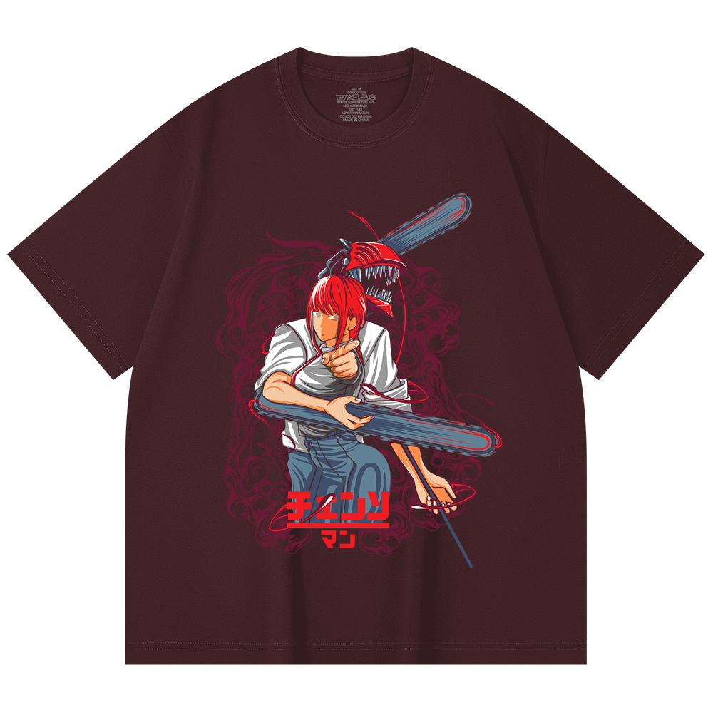 

230 Gsm 100% Cotton Chainsaw Man V42 Denji Makima Print Unisex Heavy Cotton T Shirt 2XL вина червоного кольору