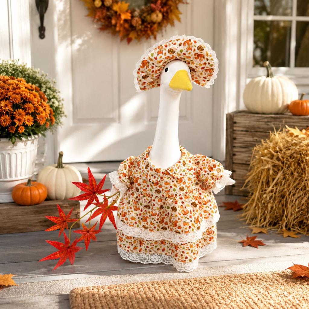 Decorative Goose Figurine with Floral Dress and Matching Hat Porch Garden Ornament for Indoor Outdoor Display