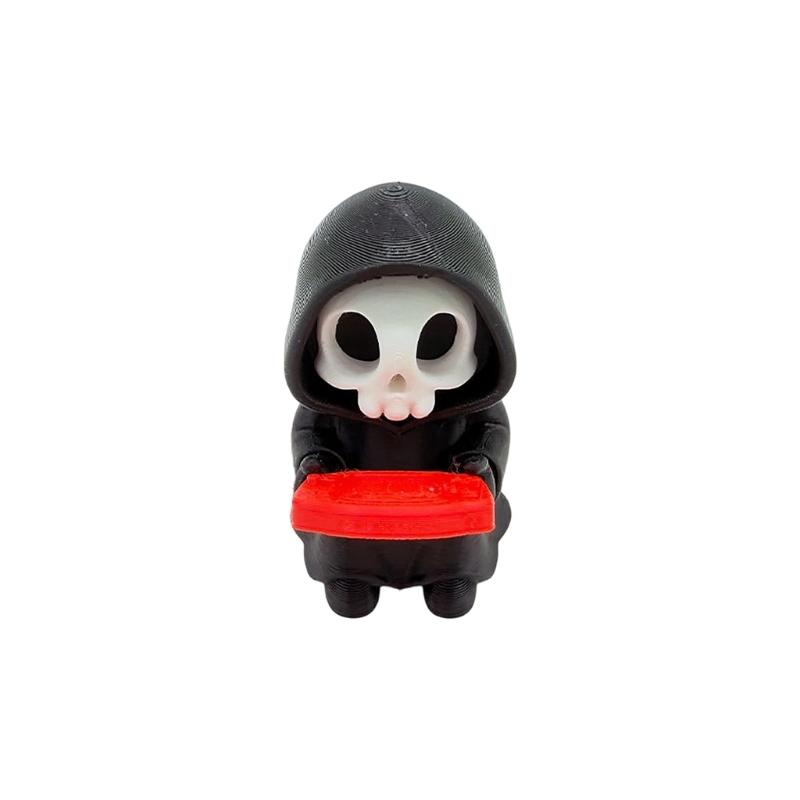 Small Table Decorative Figure with Hooded Skull Character, Collector Shelf Piece for Desk Display and Themed Styling