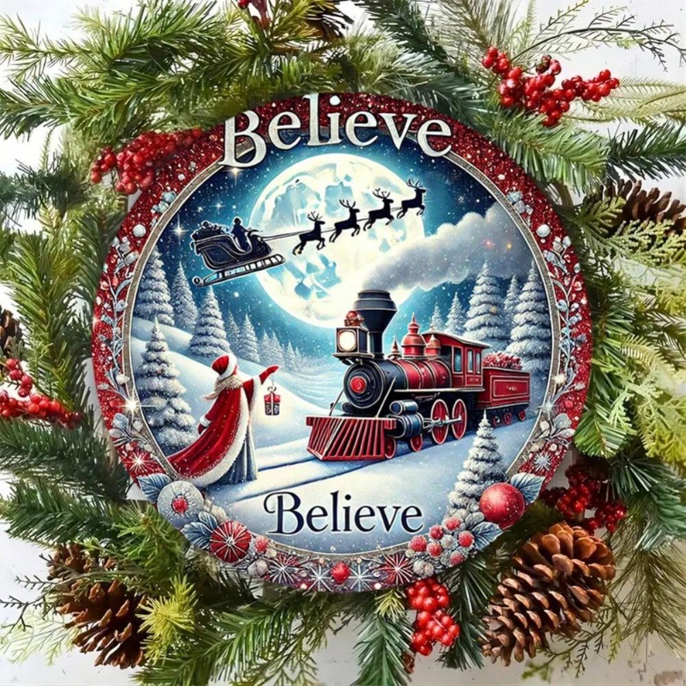Christmas Train Tin Metal Wall Sign Vintage Home Decor 8x8 Inch English Text Holiday Gift