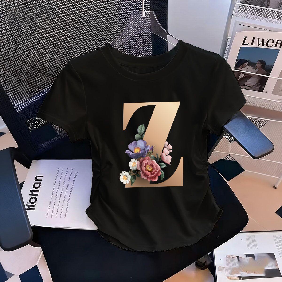 

Womens WaistDefining Elastic T Shirt Floral Letters Z printed Short Sleeve Round Neck top tee Casual Cute tshirts XL