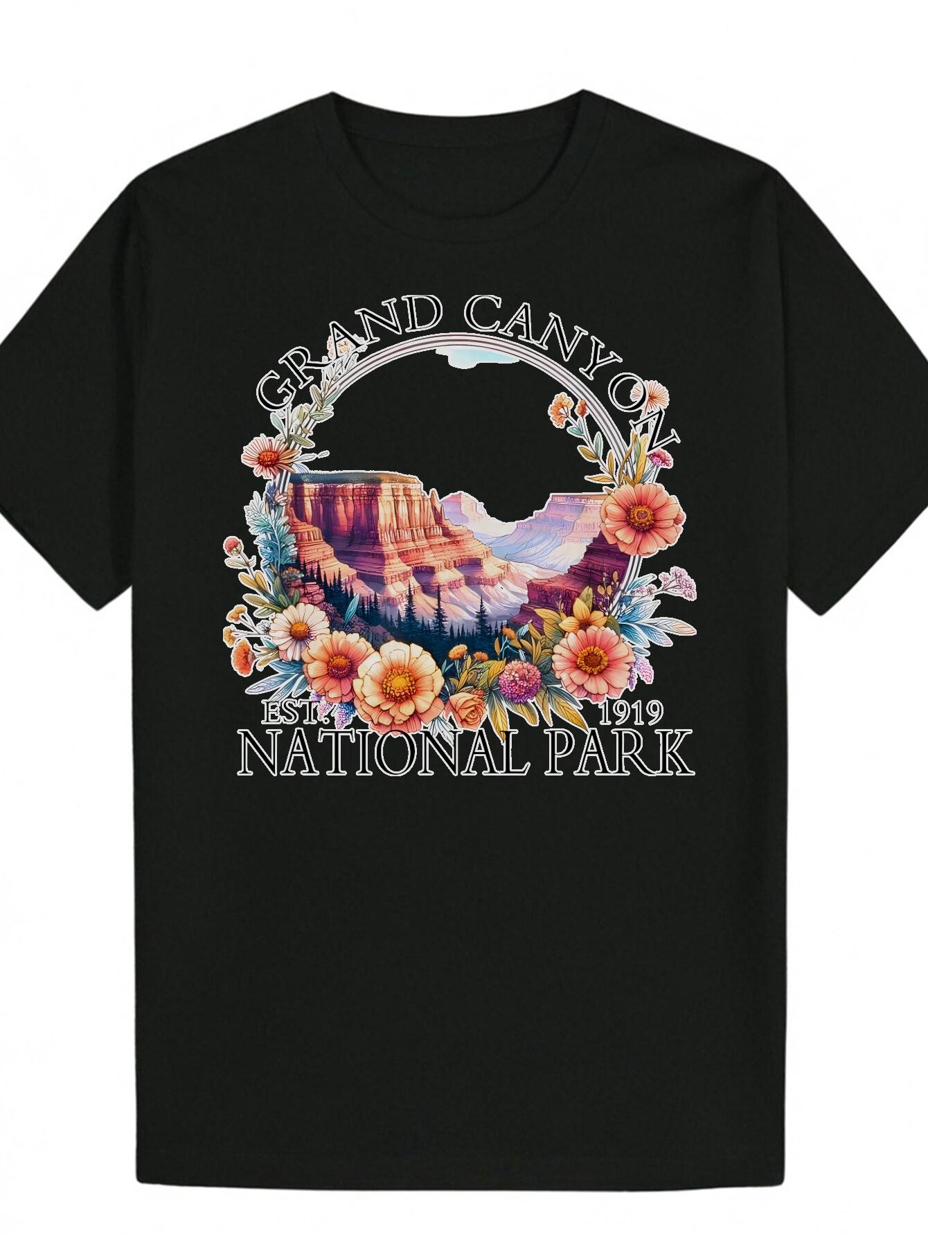 

Grand Canyon National Park Graphic T-shirt - Vibrant Floral & Mountain Design S