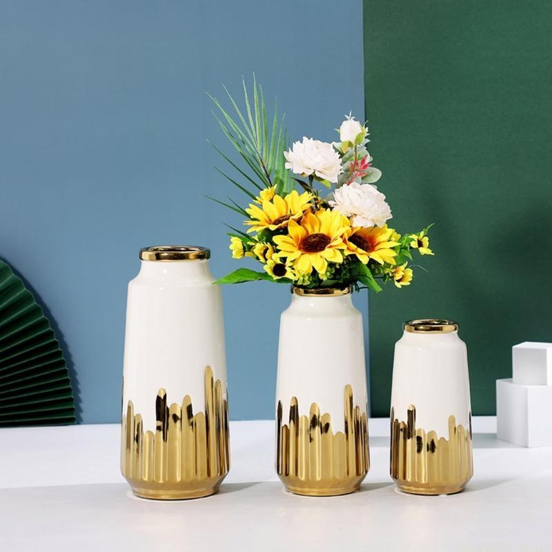 QX2E Nordic Golden Electroplating Ceramic Vase Modren Home Flower Pot for Living Room Bedroom Office Decoration
