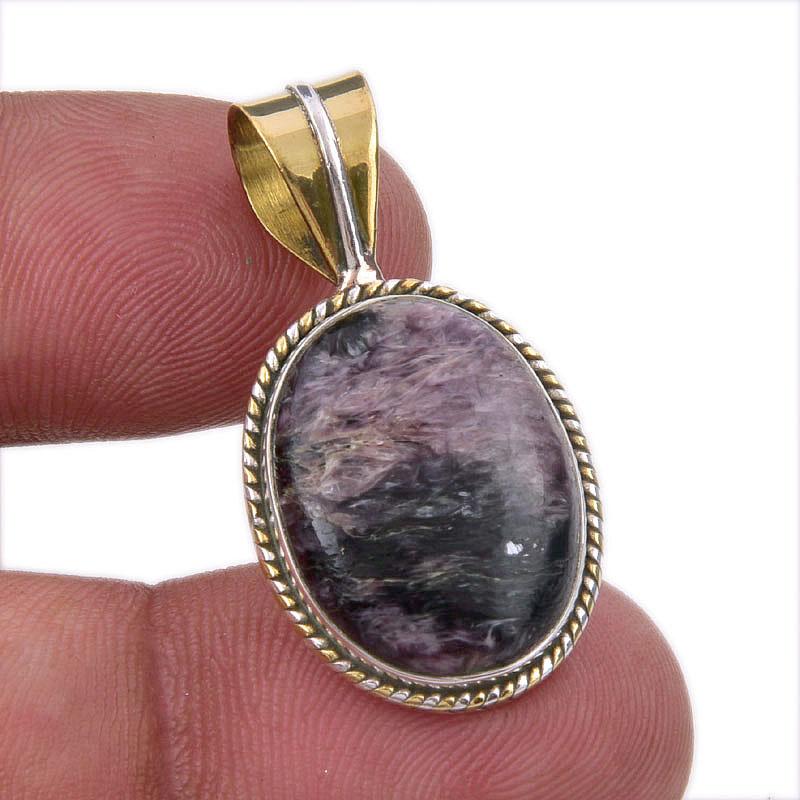 

Natural Charoite Gemstone 925 Solid Sterling Silver Two Tone Pendant 1.25 W7Y31