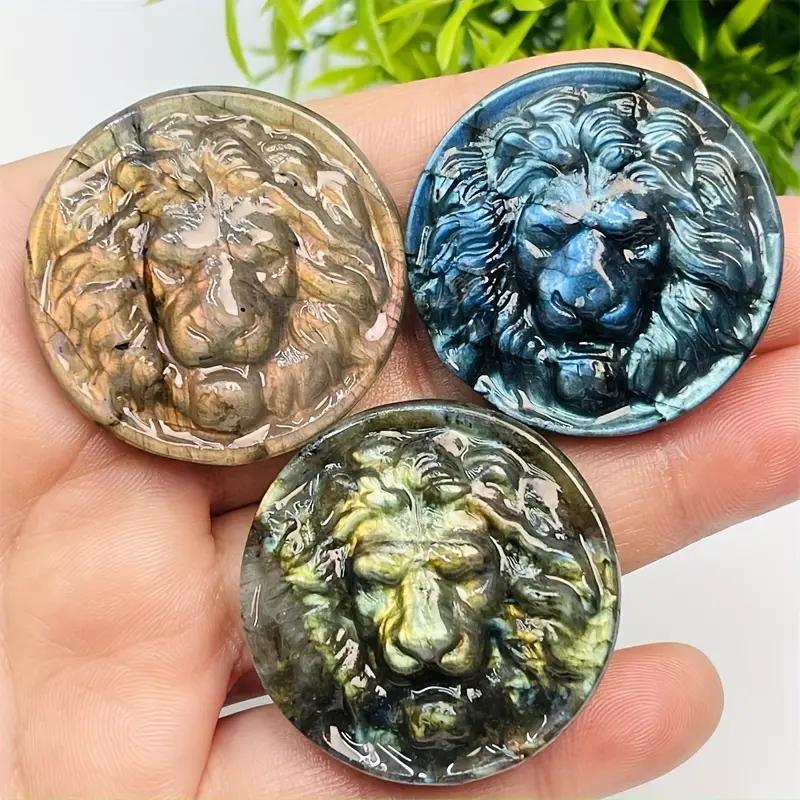 1pc Sculpture Decoration Natural Labradorite Lion Statue Eliminate Negative Energy And Stress Stone Ornament For Parents DIY