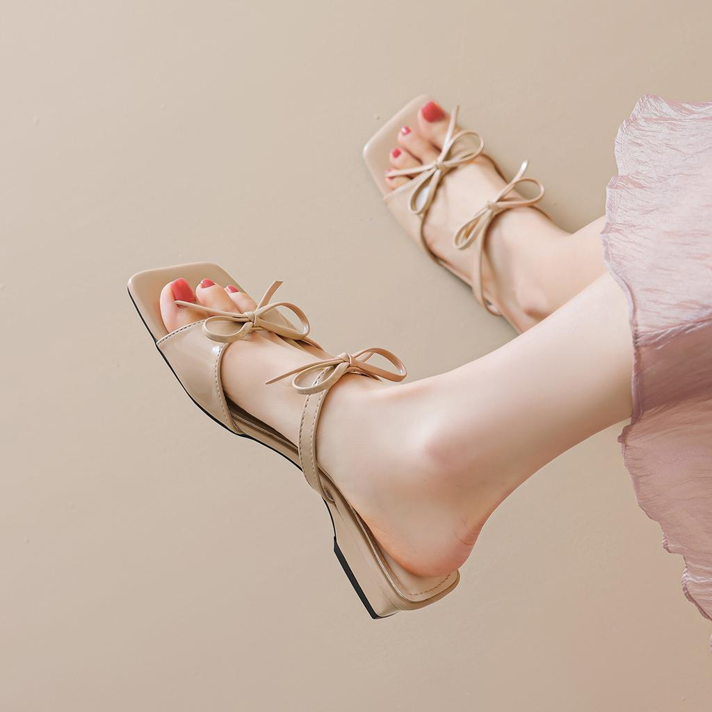 Gentle Fairy Wind Cool Slippers Bow Open Toe Word with Thick Heel Slippers Female Summer