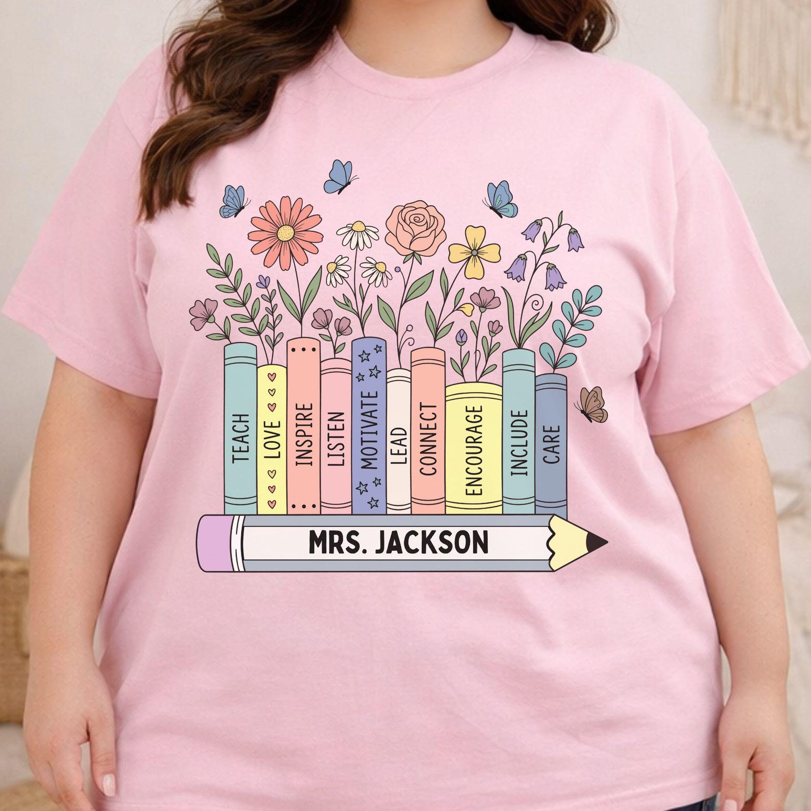 Plus Size Custom Name Teacher Shirt, Personalized Floral Books Shirt For Teacher, New Teacher Appreciation Gift, Back To School Tee For Her S
