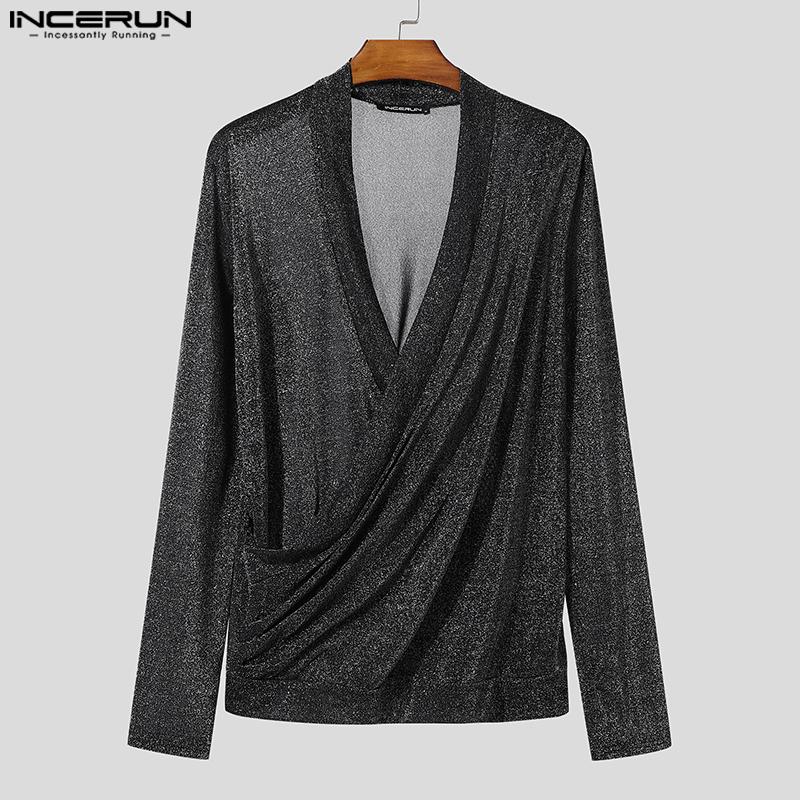 INCERUN Men V Neck Long Sleeve Glitter Front Cross See Through Tops T-shirts