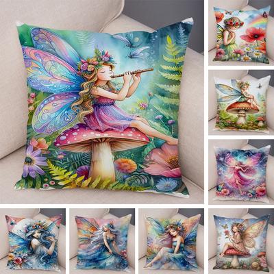 Cute Cartoon Forest Girl Elf Cushion Cover Double Print Pillowcase Decor for Sofa Home  Super Soft Plush Pillow Case 40x40cm
