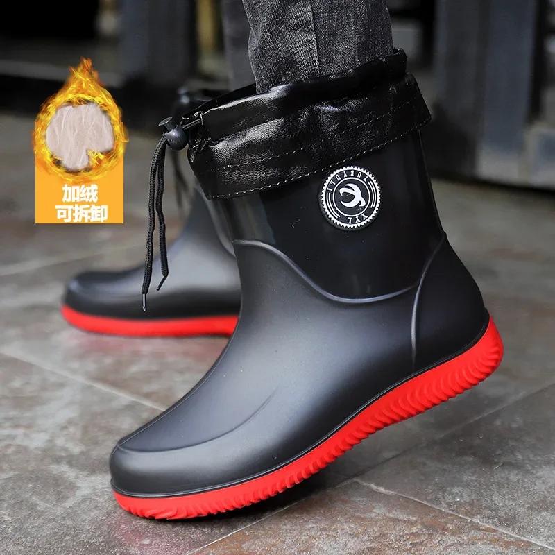 Men Rain Boots Non-slip Light Hiking Rain Shoes Slip on Waterproof Outdoor Leisure Rubber Fishing Shoes Work Water Shoes