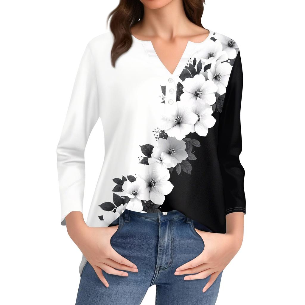 Damen T-Shirt mit Aufdruck, Knopfleiste, 3/4-Ärmel, für den Alltag, Wochenendmode, Basic, V-Ausschnitt, normales Oberteil