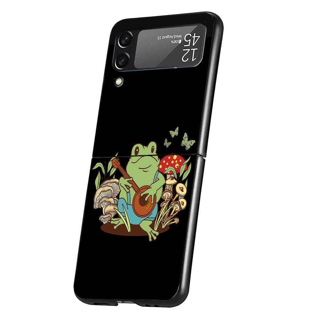 Cottagecore Frog Mushroom Kawaii Cover Phone Case For Samsung Galaxy Z Flip 7 6 5 4 3 5G Flip7 Flip6 Flip5 Flip4 Flip3 Black Fun