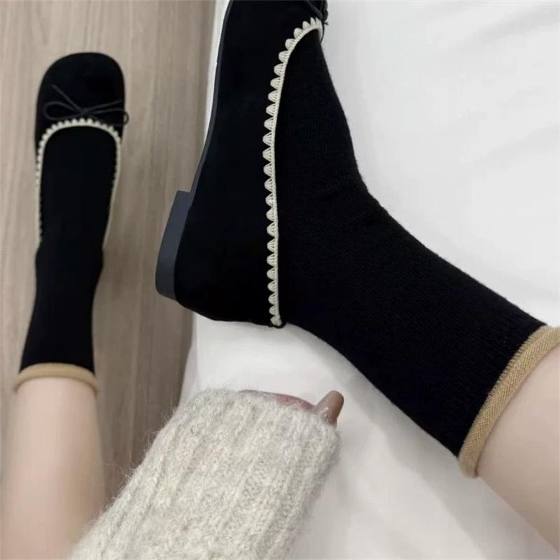 Lazy Wind~ Korean Curled Hem Contrasting Piles Of Socks Soft And Waxy Warm Wool Socks Are Easy To Wear For Versatile Socks For Women