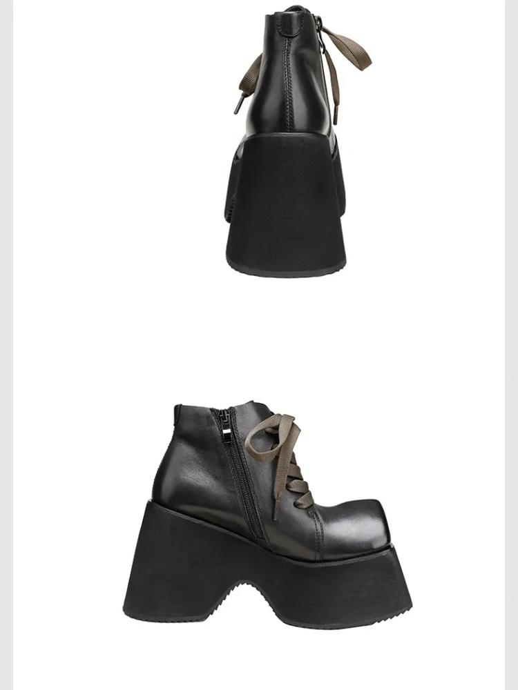 Johnature Sapatos retrô com sola grossa de 10 cm, bico quadrado feminino, couro legítimo, botas curtas com cadarço
