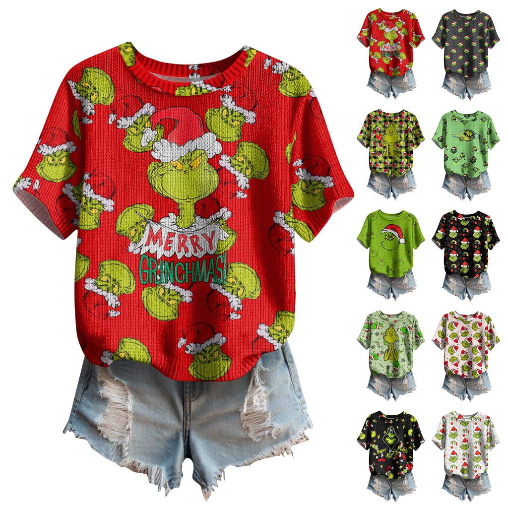 Women's Cute Sweater Knitted Fashion Casual Round-neck Short-sleeved  Cozy Print Top