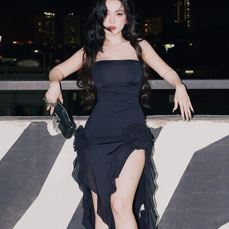 

Wrapped Chest Patchwork Lace Slim Dress Chest Wrap Stitching Lace Split Dress Black S