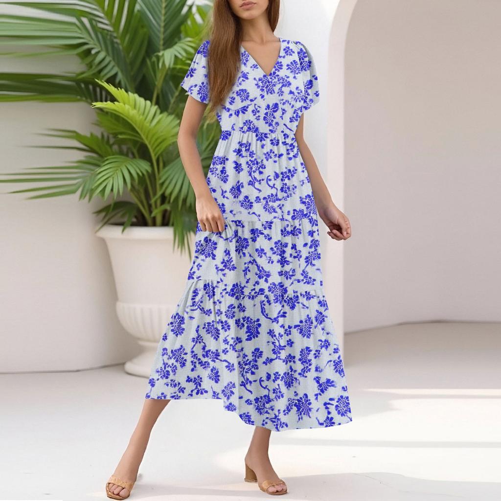 Ladies Summer Casual Fashion V-Neck Ruffle Sleeve Floral Print Midi Dress