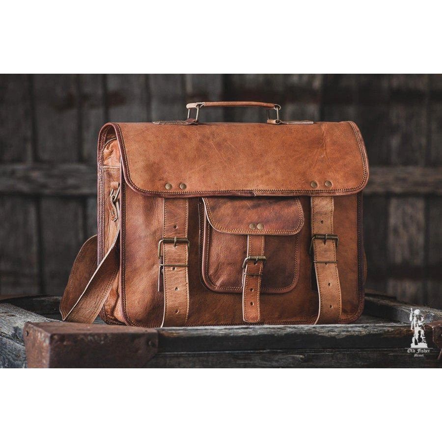 Herre Ekte Håndlaget Lær Vintage Laptop Messenger Dokumentmappe Satchel Veske