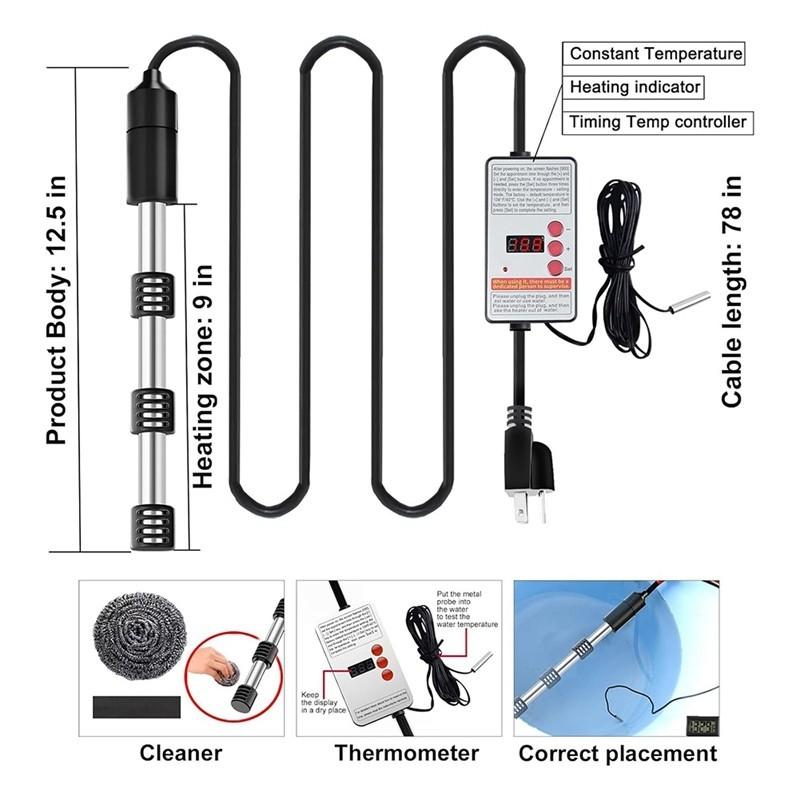 1500W High Power Immersion Water Heater Rapid Heating Immersion Element Boiler Portable Bathtub Heater
